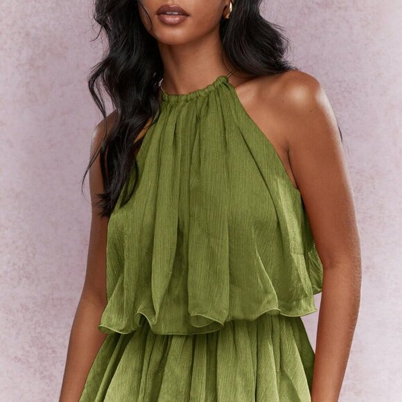 Green Boho Women's Elegant Tiered Ruffle Sleeveless Halter Neck Mini Dress - Picture 3 of 4